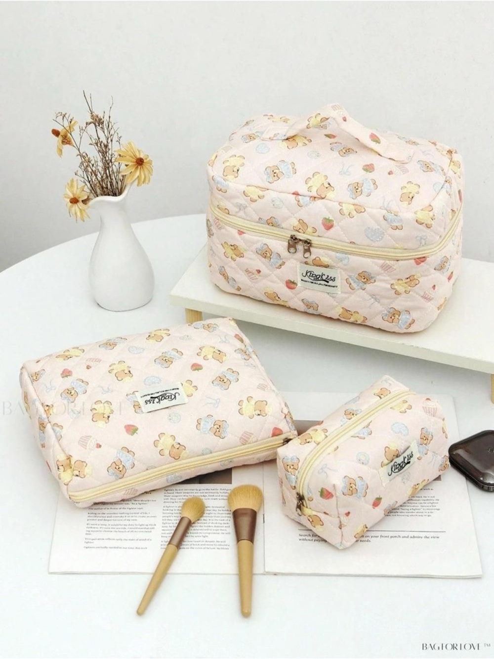 Cute Pink Quilted Bear Cosmetic Travel Set